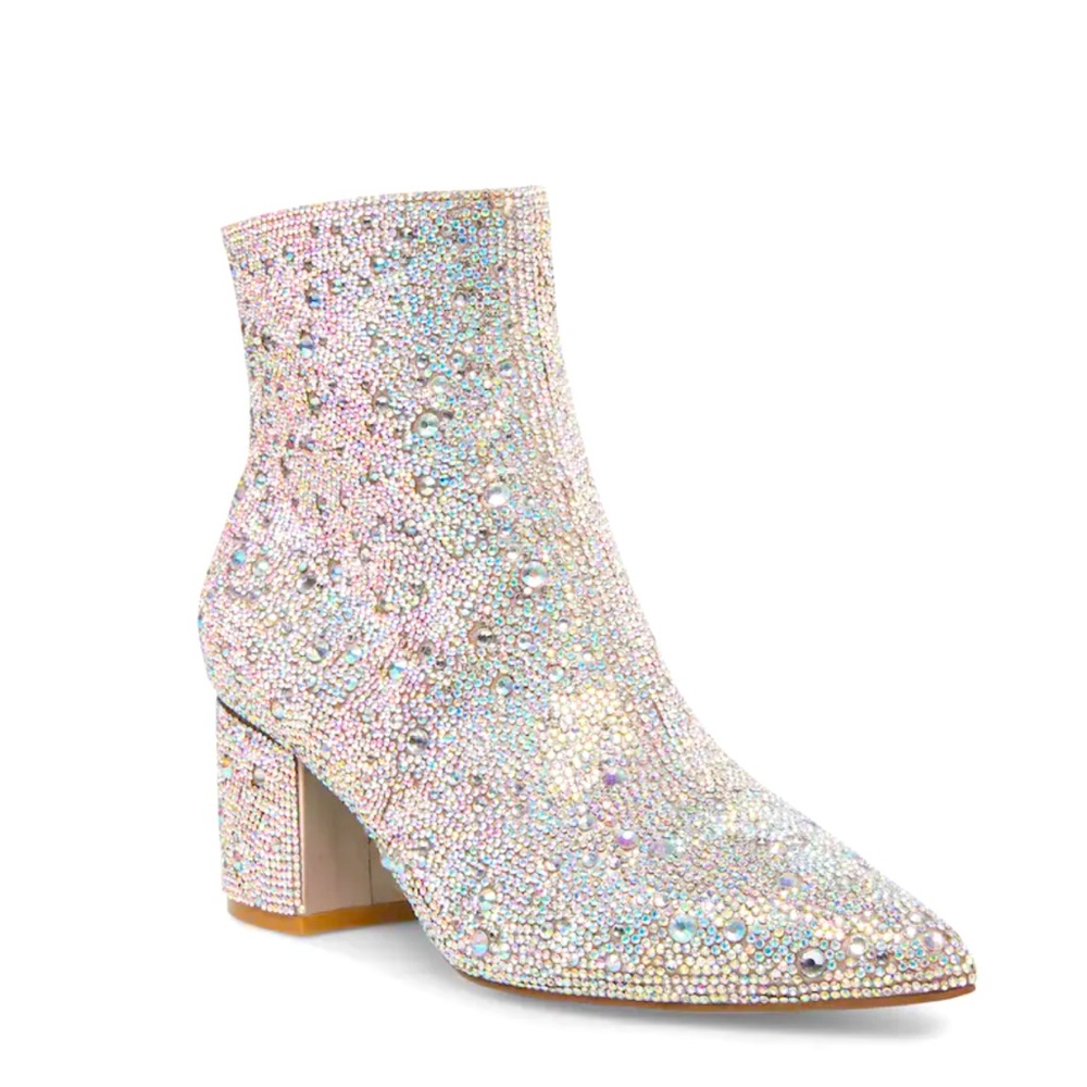 Betsey Johnson Iridescent Crystal Embellished Ankle Heeled Boots